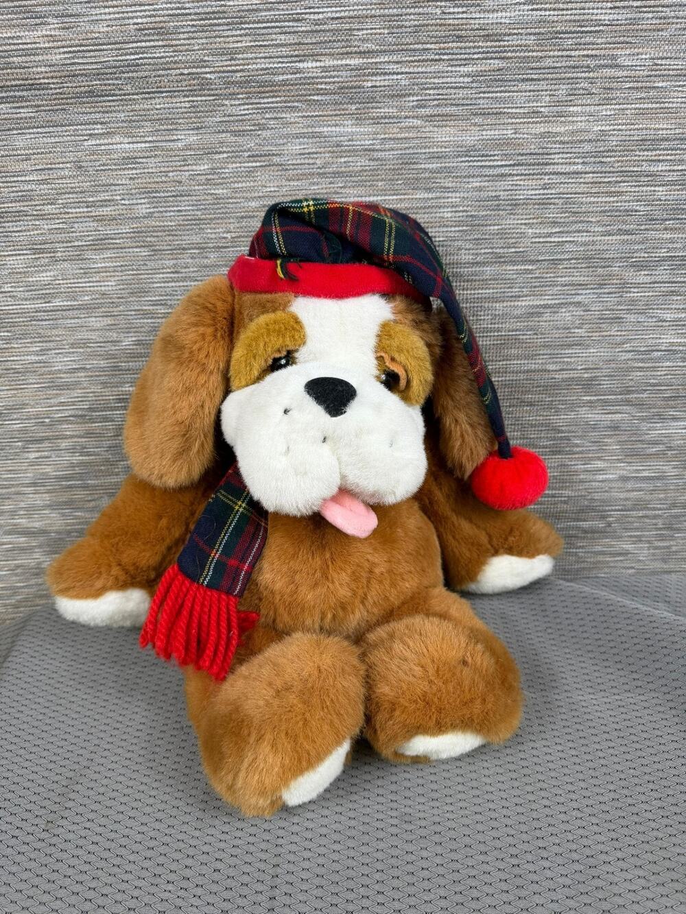 Commonwealth Digby & Dexter St. Bernard Dog Christmas Plaid Hat 20” Plush Toy